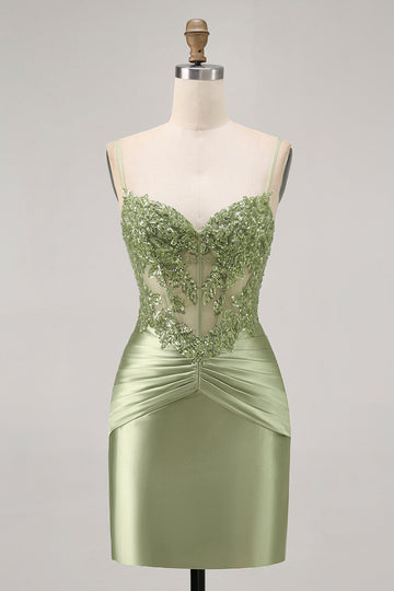Green Strapless Corset Sequins Bodycon Short Prom Dress with Appliques